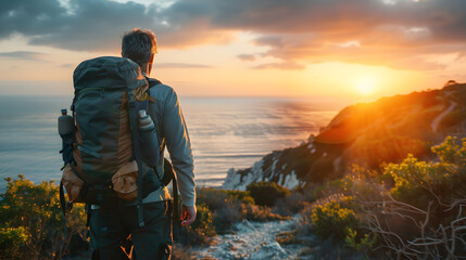 Mature backpacker looking at the panoramic view on a hilltop. Rearview of a male hiker standing alone on a coastal hill