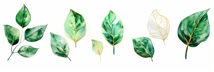 Watercolor Green Leaves with Gold Accents for Botanical Designs Generative AI