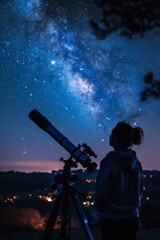 woman looking at the night sky with telescope beside. ai generated