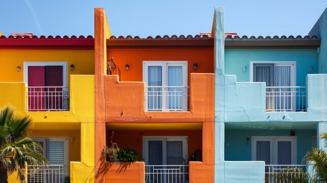 details of the facades of the houses, showing the bright colors and unique architectural details generative ai