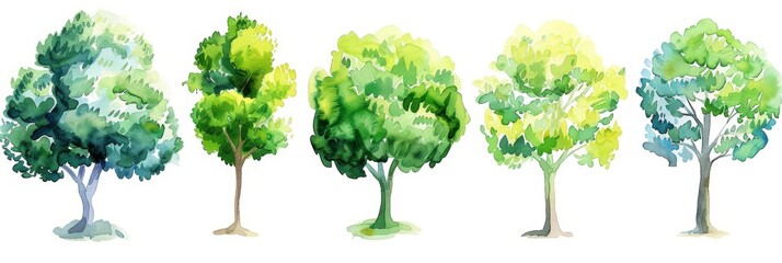 Watercolor Green Tree Elements for Landscape and Architecture Generative AI