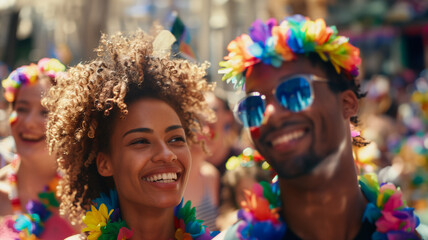 Black, African American couple at a pride parade, happy and excited, laughing happily