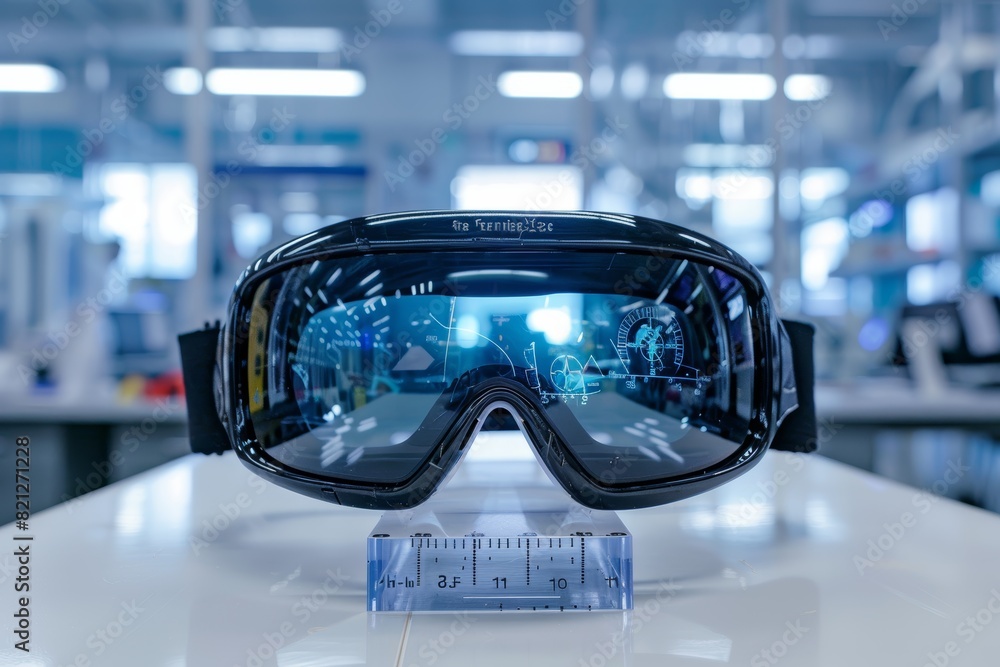Poster advanced basketball goggles for enhanced visual focus displayed in high tech laboratory