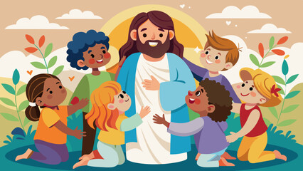 Jesus surrounded by children, illustrating his love and care for them, Vector graphics element silhouette illustration