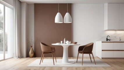Interior design of modern dining room with brown chair and white table, minimalist style
