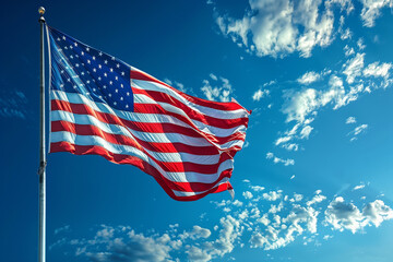 Flag of United States of America blowing in the wind. Full page USA flying flag. Independence Day in the United States, 4th of July, 3 render