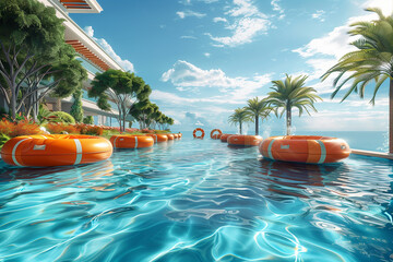 Water sports and summer activities, summer concept, 3D render