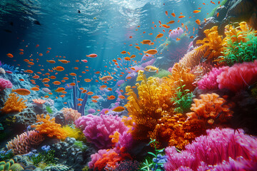 Obraz premium An underwater scene showing a vibrant coral reef, with colorful fish and marine life, summer concept, 3D render