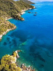 Fethiye Mediterranean sea and beach aerial drone view in Turkey. 