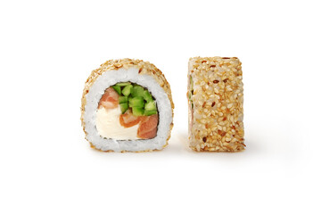 Sushi roll in sesame with salmon, cream cheese and cucumber