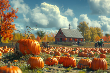 A scene of a pumpkin patch during harvest time, with people picking pumpkins and a tractor in the...