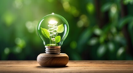 Light bulb with leaves inside, Green energy investment, Eco concept, the lamp is glowing and shining, environtment protection