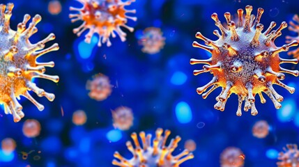 Intricate close-up of orange and yellow virus particles with textured spike proteins, floating against a deep blue background, highlighting scientific precision.