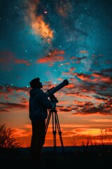 Man looking at the night sky with telescope beside . ai generated