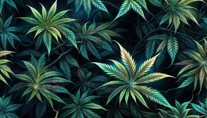 Cannabis texture. Background from hemp leaves. Green leaves of marijuana