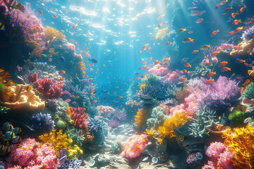 Naklejka na ściany i meble An underwater scene showing a vibrant coral reef, with colorful fish and marine life, summer concept, 3D render