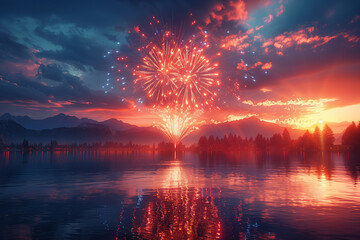 Radiant firework blooms into a dazzling display of red white and blue reflecting off a serene lake during Independence Day celebrations isolated on a gradient background, 3d render