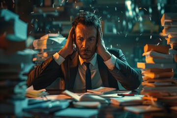 A stressed and desperate businessman in his workplace, having a burnout because of excess working, mental load, economic crisis, depression and recession. Panic on Finance, 3d render