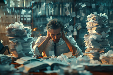 A stressed and desperate businessman in his workplace, having a burnout because of excess working, mental load, economic crisis, depression and recession. Panic on Finance, 3d render