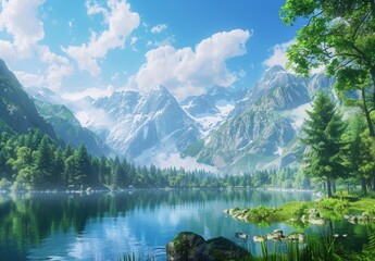 Fototapeta premium A picturesque view of the Alps with green forests, rocky cliffs and a clear blue sky A tranquil lake surrounded by lush trees sits at its base Generative AI