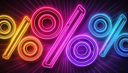 Glowing Neon Percentage Signs on Dark Background