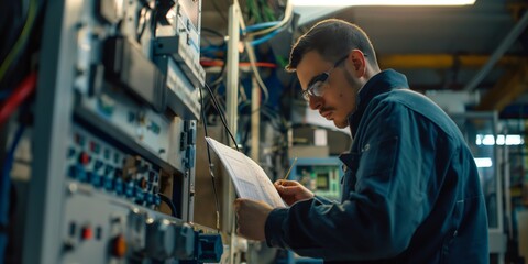 In a manufacturing setting, a technician is seen reviewing a schematic while inspecting a dense array of wires and circuits