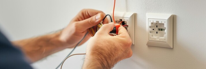 A close-up shot showing hands of an electrician using a multimeter to test a wall socket during installation or repair