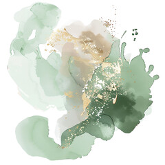 watercolor element in sage green with fine gold elements. PNG