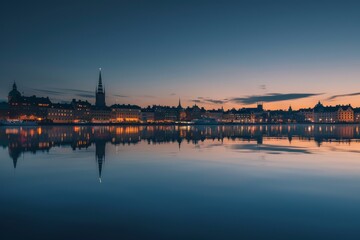 Serene Scandinavian City Skyline at Blue Hour with Minimalist Architecture