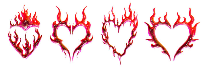 3D burning heart set, y2k love red flame shape kit, gothic Valentine Day sticker dating happy design. Grunge February render sign, romantic passion bloody frame. Heart flame Halloween collection © Oleksandra