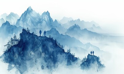 Hikers with backpacks standing on the cliff in the misty mountains
