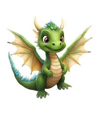 Obraz premium Cute green dragon with wings, transparent illustration.