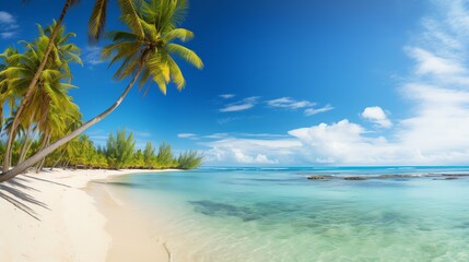 Generate a high quality photo of a beautiful beach with palm trees, white sand, and crystal clear water