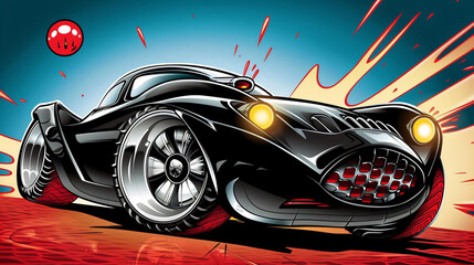 Futuristic Concept Car Illustrated in Bold and Dynamic Cartoon Style with Sleek Lines and Vibrant Colors. High-Performance Concept Car Featuring Unique Design Elements in a Colorful Cartoon Illustrati
