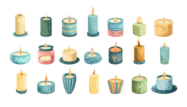 Candles cartoon vector set. Wax paraffin spa multiform burning fire scented holiday commemorative ritual beauty saloon illustration isolated on white background