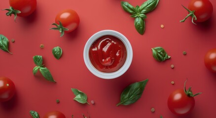 Bowl of Tomato Sauce Surrounded by Tomatoes and Leaves