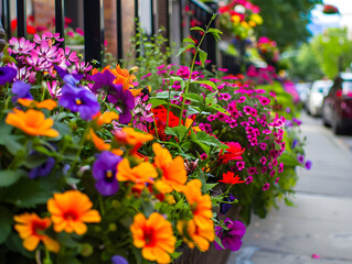 Fototapeta na wymiar Vibrant City Sidewalk Flower Bed with Rich Array of Colors Including Bright Yellows, Vivid Oranges, Deep Purples, Striking Pinks and Black Metal Railing Contrasting Urban Background with Parked Cars