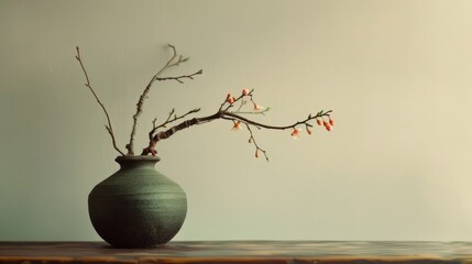 branch and vase illuminated by natural light, on table generative ai