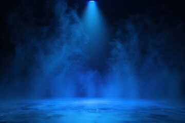 Empty dark blue stage with spotlights, smoke float up and rays of light. Stage background. A dark empty street