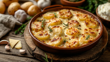 potatoes baked with cheese and herbs, served on a rustic wooden table.
