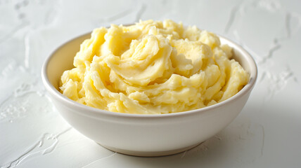 Mashed potatoes in a white bowl placed on a white background.