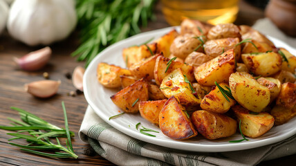 Fototapeta premium crispy roasted potatoes with rosemary and garlic, served on a white ceramic plate