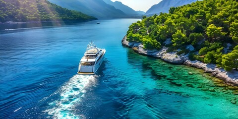 Aerial view of luxury yacht on sunny day in Croatian waters. Concept Luxury Yacht, Aerial View, Croatian Waters, Sunny Day