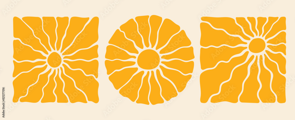 Poster retro groovy sun background set. abstract wave ray pattern in trendy 70s style. boho colorful groovy
