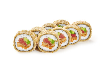 Warm tempura rolls with tuna, Japanese omelet and avocado