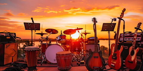 stage in front of a beautiful sunset instruments are silhouetted against the vibrant sky, which is painted with hues of orange, pink, and purplestage located near the ocean, and there are two micropho