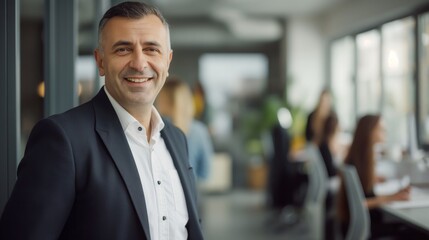 Fototapeta premium Confident Mature Businessman in Modern Office - Professional Portrait for Corporate, Marketing, and Promotional Materials