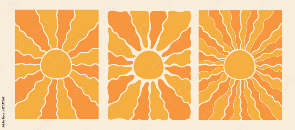 Poster retro groovy sun background set. abstract wave ray pattern in trendy 70s style. boho colorful groovy