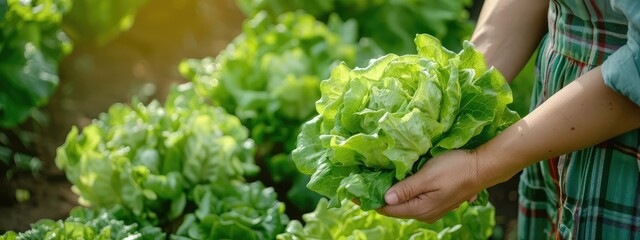 Iceberg lettuce in the hands of a woman in the garden. Selective focus.