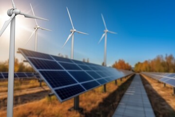 Clean energy concept, Solar farm with wind turbine